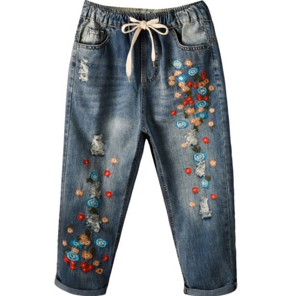 women's jeans women embroidery mini flower elastic waist with drawstrings harem pants, Blue
women's jeans women embroidery mini flower elastic waist with drawstrings harem pants, Blue