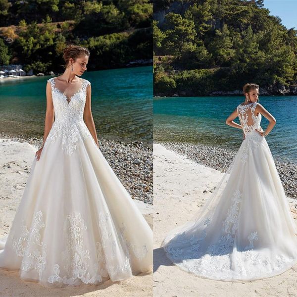 beach wedding dresses lace applique sleeveless illusion a line wedding dress 2020 vestidos de novia plus size sweep train bridal gowns, White
beach wedding dresses lace applique sleeveless illusion a line wedding dress 2020 vestidos de novia plus size sweep train bridal gowns, White