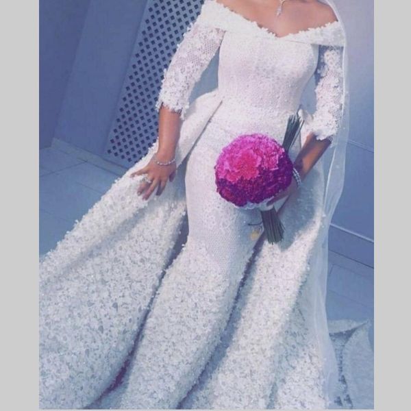 arabic lace mermaid wedding dresses with detachable train 3/4 long sleeves off the shoulder lace appliques bridal gowns vestidos de noiva, White
arabic lace mermaid wedding dresses with detachable train 3/4 long sleeves off the shoulder lace appliques bridal gowns vestidos de noiva, White