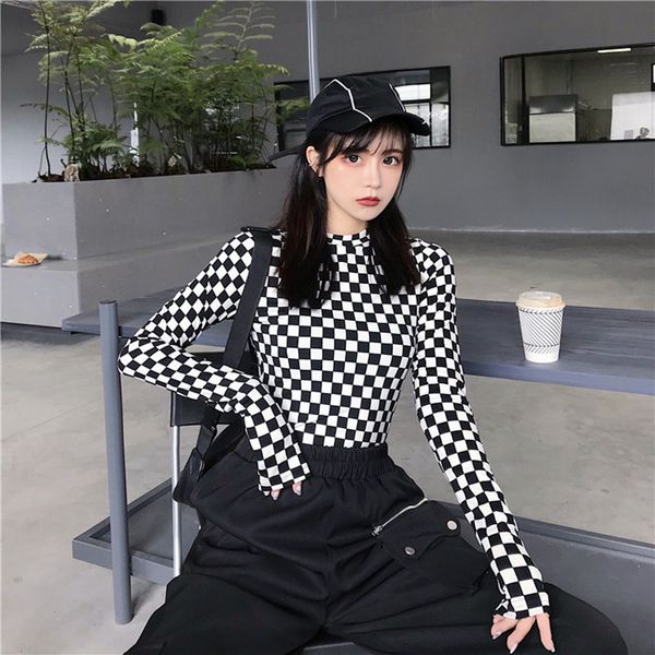 korean ulzzang women plaid elastic t-shirt casual o-neck long sleeve female t shirt vintage slim ladies tshirt vogue tee, White 
korean ulzzang women plaid elastic t-shirt casual o-neck long sleeve female t shirt vintage slim ladies tshirt vogue tee, White