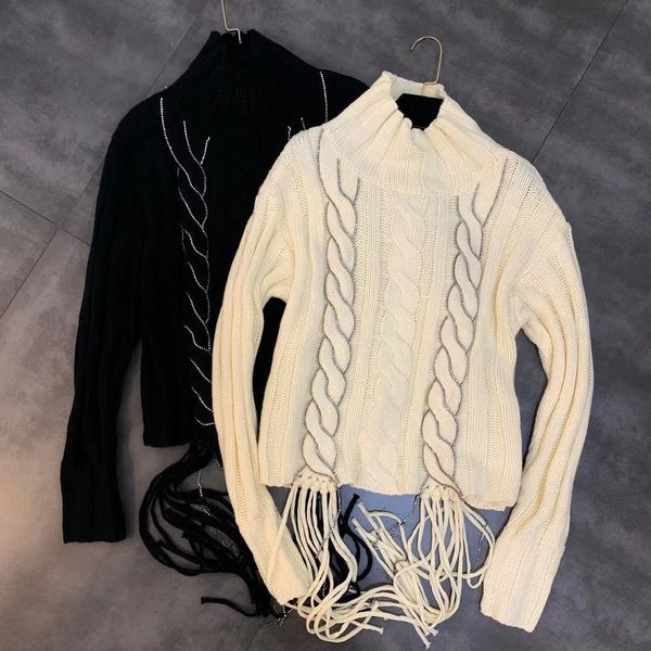 2019 autumn new long-sleeved woven twist drill strip decorative fringed sweater, White;black
2019 autumn new long-sleeved woven twist drill strip decorative fringed sweater, White;black