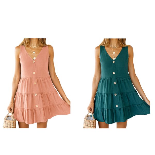 women button v neck sleeveless dress ladies summer all match pure color dress, Black;gray
women button v neck sleeveless dress ladies summer all match pure color dress, Black;gray