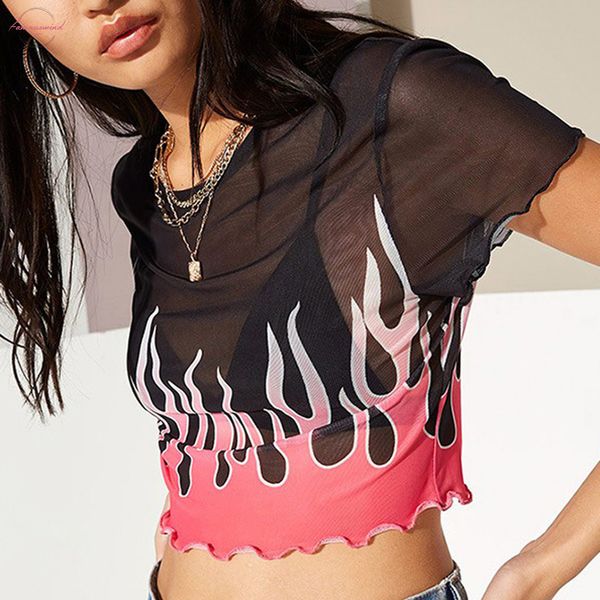 women perspective t shirt harajuku flame print mesh short vintage neon party short sleeve ruched hem streetwear ropa sw, White
women perspective t shirt harajuku flame print mesh short vintage neon party short sleeve ruched hem streetwear ropa sw, White