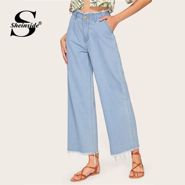 

sheinside casual blue frayed hem wide leg jeans women 2019 summer high waist long trousers ladies solid button pants