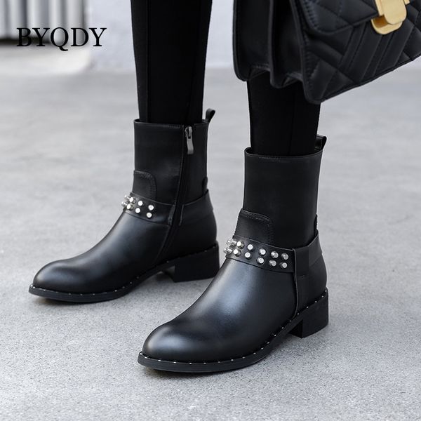 byqdy rivet women ankle boots genuine leather boots round toe chunky heels party zipper business woman short, Black
byqdy rivet women ankle boots genuine leather boots round toe chunky heels party zipper business woman short, Black