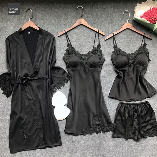 4 sleepwear pieces women pajamas sets satin silk nightwear lounge pyjama spaghetti strap sleep solid pijama with chest pads, Black;red
4 sleepwear pieces women pajamas sets satin silk nightwear lounge pyjama spaghetti strap sleep solid pijama with chest pads, Black;red