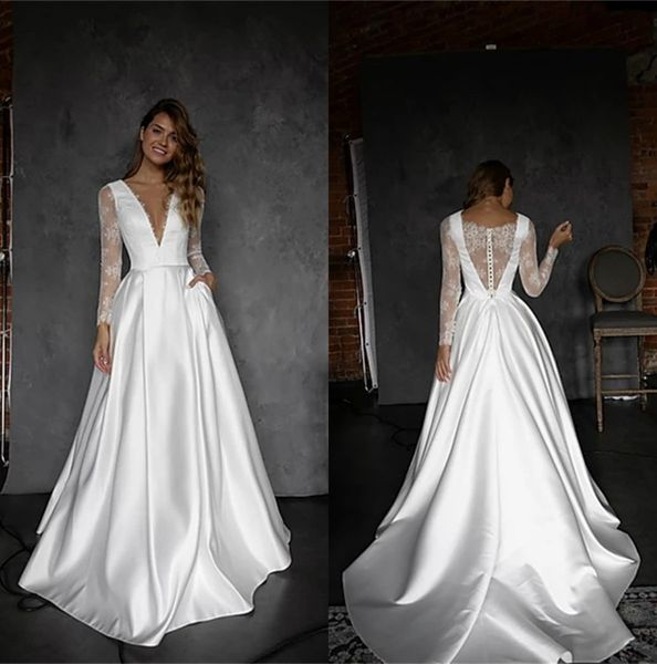 a-line wedding dresses high v-neck long sleeve appliqued lace bridal gown satin gorgeous sweep train robes de mariée custom made cheap, White
a-line wedding dresses high v-neck long sleeve appliqued lace bridal gown satin gorgeous sweep train robes de mariée custom made cheap, White