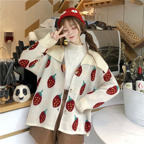 women's knits & tees spring and autumn japanese soft girl kawaii sweet cute strawberry sweater cardigan love jacquard lapel, White
women's knits & tees spring and autumn japanese soft girl kawaii sweet cute strawberry sweater cardigan love jacquard lapel, White
