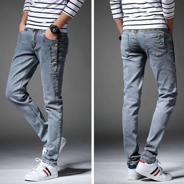 jeans men 2019 spring and summer new men's jeans men's slim stretch pants side with buckle gray trousers, Blue
jeans men 2019 spring and summer new men's jeans men's slim stretch pants side with buckle gray trousers, Blue