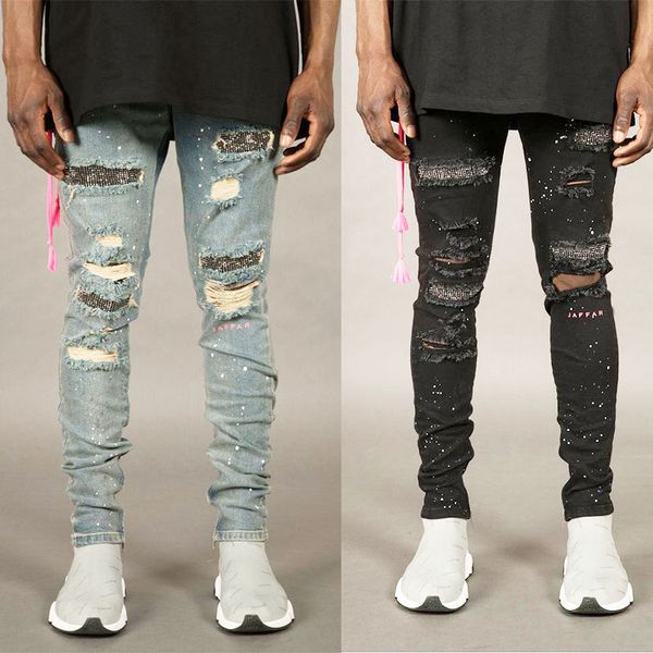 men's stretchy denim skinny jeans fashion ripped hole leggings pants for youth destroyed pencil jeans men, Blue 
men's stretchy denim skinny jeans fashion ripped hole leggings pants for youth destroyed pencil jeans men, Blue