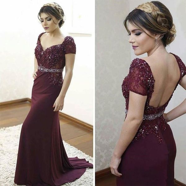short sleeves evening gowns with beaded applique lace backless prom dresses mermaid long sweep vestidos de festa, Black;red
short sleeves evening gowns with beaded applique lace backless prom dresses mermaid long sweep vestidos de festa, Black;red