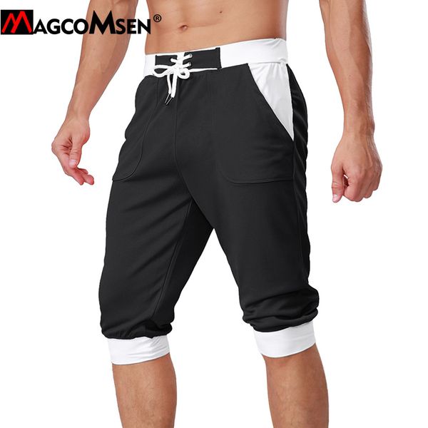 magcomsen men joggers capri trousers summer mesh breathable 3/4 long pants elastic waist track pants casual fitness sweatpants, Black