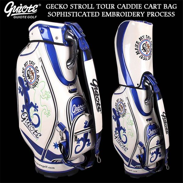 

guiote gecko stroll golf caddie cart bag pu leather standard golf tour staff bag with rain hood 5-way for men women