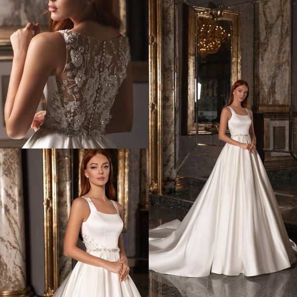 beach a line wedding dresses beading scoop sleeveless bridal gowns flower appliques a line satin wedding dress, White
beach a line wedding dresses beading scoop sleeveless bridal gowns flower appliques a line satin wedding dress, White