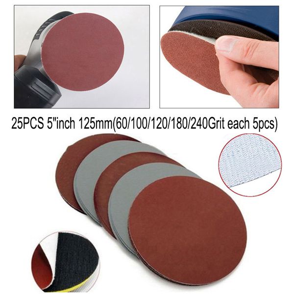 25pcs 5 60#/100#/120# hook loop sanding discs sandpaper disc circular pads