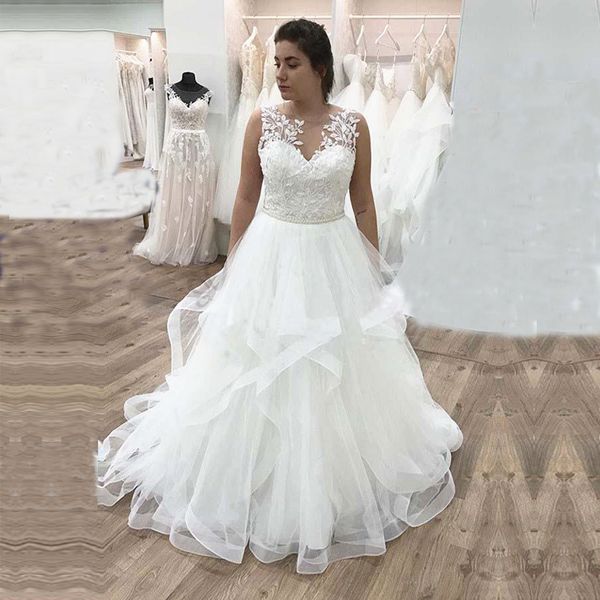 sheer neck floral appliqued lace wedding dresses tiered ruffles tulle a line sweep trail wedding bridal gowns vestidos de noiva, White
sheer neck floral appliqued lace wedding dresses tiered ruffles tulle a line sweep trail wedding bridal gowns vestidos de noiva, White