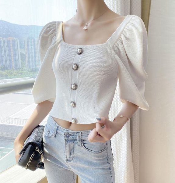 pearl buckle square collar women knitted solid color puff sleeve slim wild lady short knitted sweater 2020 summer new, White;black
pearl buckle square collar women knitted solid color puff sleeve slim wild lady short knitted sweater 2020 summer new, White;black