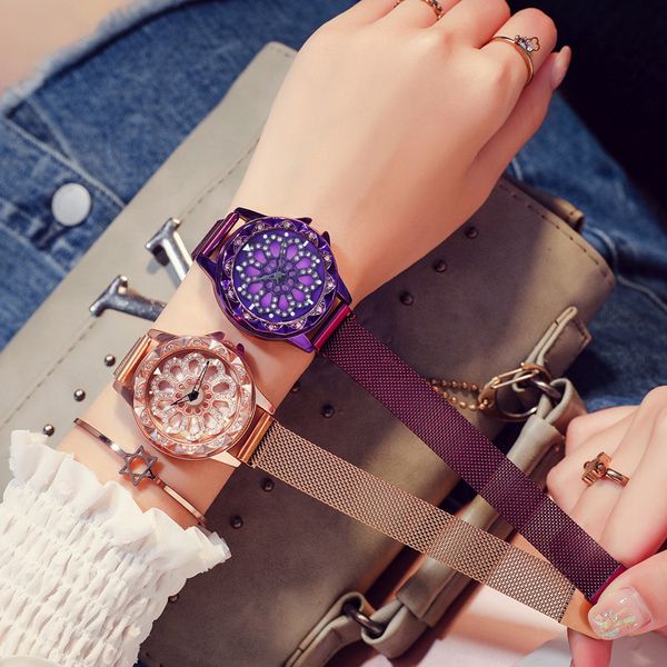 women lucky watch 2019 luxury diamond flower rotating dial watch fashion ladies crystal quartz magnetic wristwatches, Slivery;brown
women lucky watch 2019 luxury diamond flower rotating dial watch fashion ladies crystal quartz magnetic wristwatches, Slivery;brown