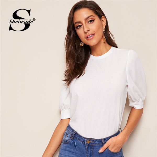 

sheinside elegant keyhole back mock-neck puff sleeve women 2019 summer solid blouses half sleeve ladies white casual op