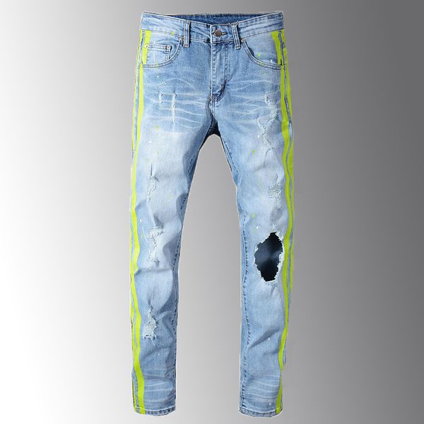 men's neon yellow color lines patchwork ripped jeans fashion holes destroyed denim stretch pants slim fit man jeans, Blue
men's neon yellow color lines patchwork ripped jeans fashion holes destroyed denim stretch pants slim fit man jeans, Blue