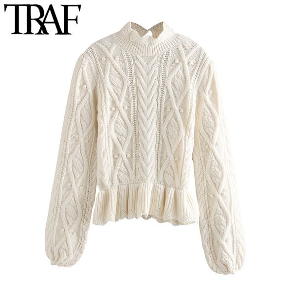 traf women chic fashion ruffled cable knitted sweater vintage high neck puff sleeve female pullovers chic, White;black
traf women chic fashion ruffled cable knitted sweater vintage high neck puff sleeve female pullovers chic, White;black