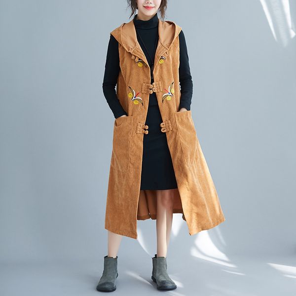 retro cotton corduroy long vest embroidery single breasted hooded sleeveless vest autumn loose comfortable women coats, Black;white
retro cotton corduroy long vest embroidery single breasted hooded sleeveless vest autumn loose comfortable women coats, Black;white
