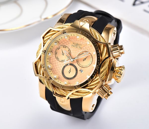 

19 invicta luxury gold watch all sub dials working men sport quartz watches chronograph auto date rubber band wrist watch for male gift 3c, Slivery;brown