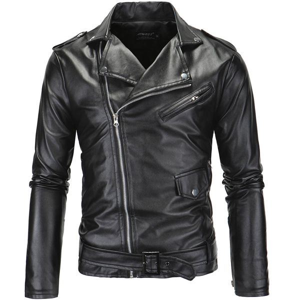 european and american style men's locomotive fit leather jacket with stand collar and diagonal zipper xp09, Black
european and american style men's locomotive fit leather jacket with stand collar and diagonal zipper xp09, Black