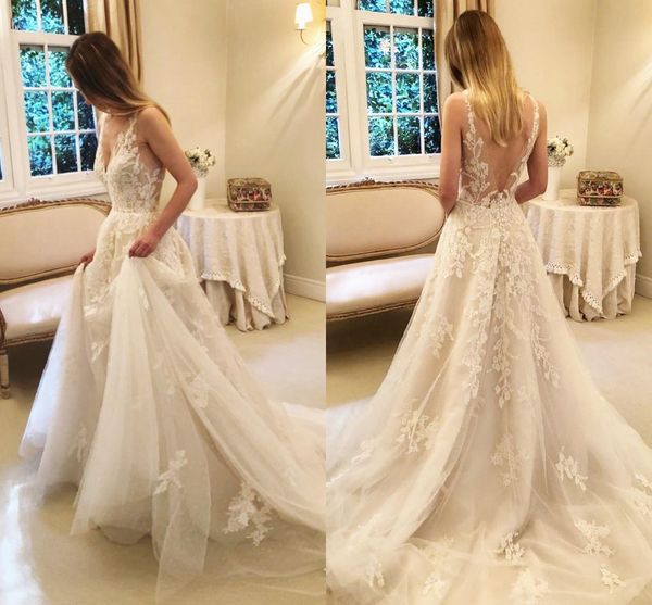 2019 lace wedding dresses v neck v back a line sweep train appliqued beach wedding dress custom made boho bridal gowns garden, White
2019 lace wedding dresses v neck v back a line sweep train appliqued beach wedding dress custom made boho bridal gowns garden, White