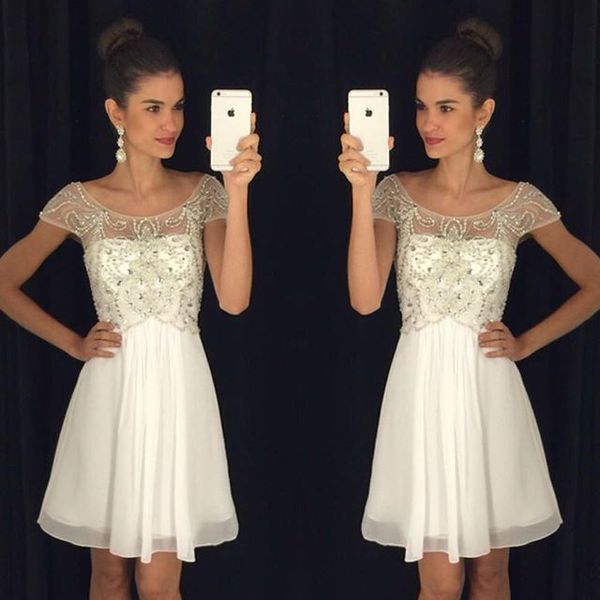 short a-line knee length cap-sleeves chiffon crystal scoop homecoming party dress 2019 zipper back prom gowns h001, Blue;pink
short a-line knee length cap-sleeves chiffon crystal scoop homecoming party dress 2019 zipper back prom gowns h001, Blue;pink
