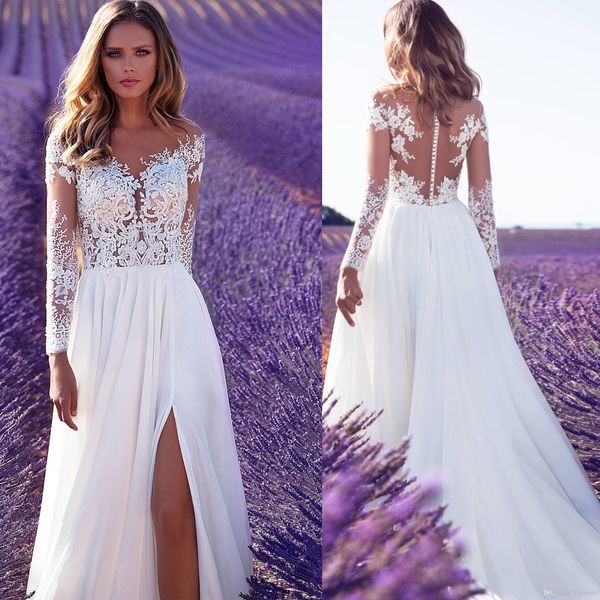 2021 chiffon summer beach wedding dresses a line illuision bodice long lace sleeves slit front bohemia bridal gowns outdoor wedding, White
2021 chiffon summer beach wedding dresses a line illuision bodice long lace sleeves slit front bohemia bridal gowns outdoor wedding, White