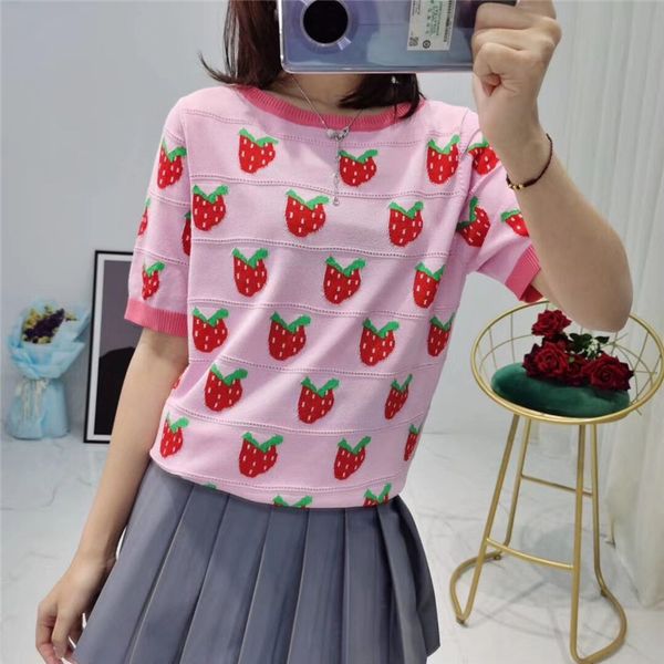 women's t-shirt brand design tshirt strawberry jacquard knit t shirt 2021 summer thin women vintage o-neck short sleeve pink tee, White
women's t-shirt brand design tshirt strawberry jacquard knit t shirt 2021 summer thin women vintage o-neck short sleeve pink tee, White