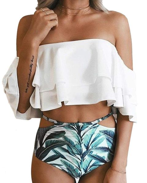 women swimwear two piece off shoulder ruffled flounce crop with print cut out bottoms, White;black
women swimwear two piece off shoulder ruffled flounce crop with print cut out bottoms, White;black