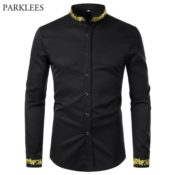 black gold embroidery shirt men 2020 spring new mens dress shirts stand collar button up shirts chemise homme camisa masculina, White;black
black gold embroidery shirt men 2020 spring new mens dress shirts stand collar button up shirts chemise homme camisa masculina, White;black