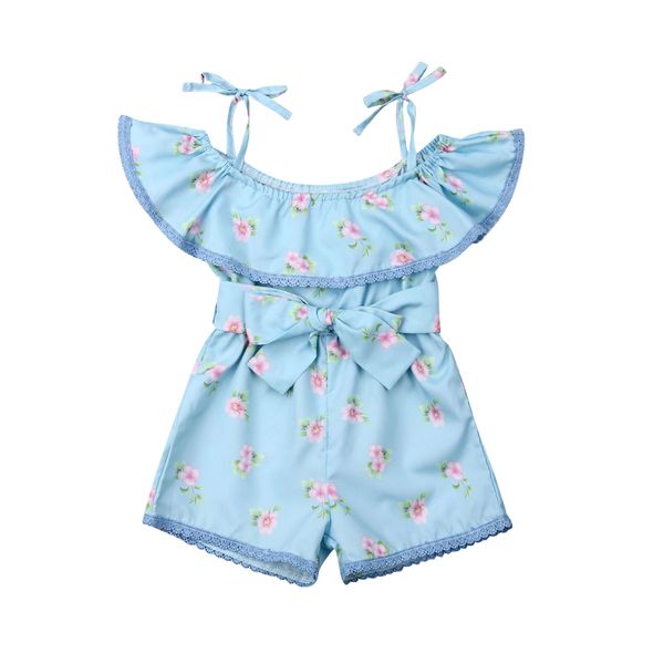 

Cute Baby Girl Summer Floral Romper Blue Lace Splice Sling Jumpsuit Sunsuit Clothes Baby Girl Off-shoulder Romper Overalls 1-6Y