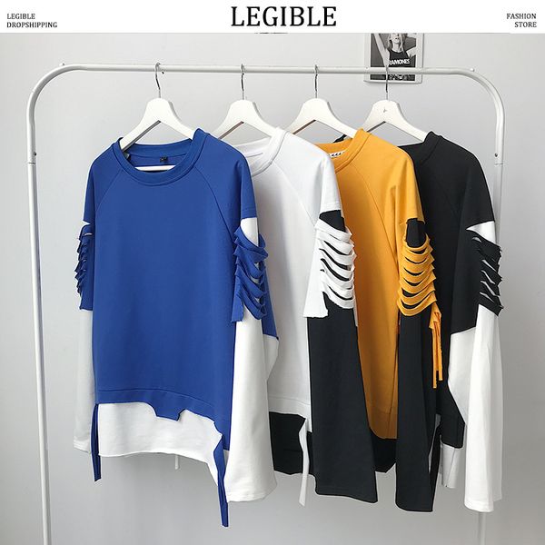 legible korean men hoodies casual patchwork hoodies men loose hole sweatshirts harajuku japanese oversize pullover, Black 
legible korean men hoodies casual patchwork hoodies men loose hole sweatshirts harajuku japanese oversize pullover, Black