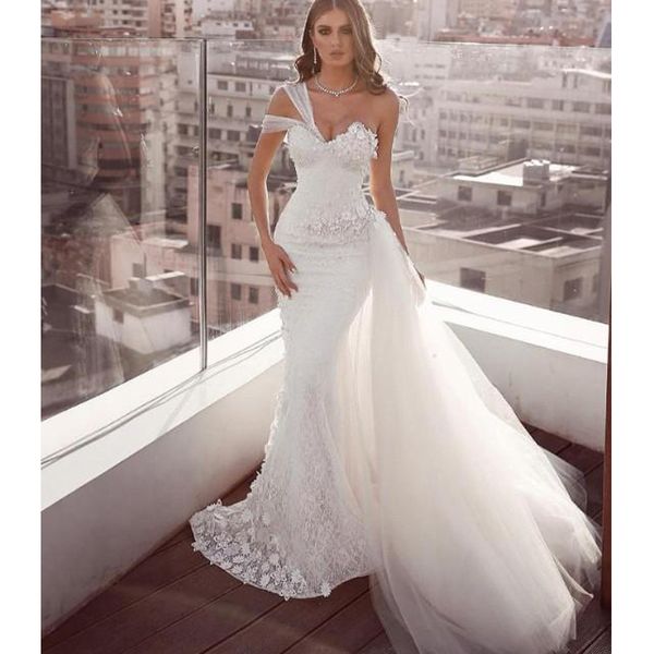 2020 one shoulder mermaid wedding dresses with detachable train lace 3d floral appliques country wedding gowns custom made bridal dress, White
2020 one shoulder mermaid wedding dresses with detachable train lace 3d floral appliques country wedding gowns custom made bridal dress, White