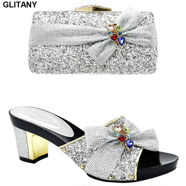 new arrival rhinestone shoe and bag set for party in women luxury women shoes nigerian women party shoes with bag set high heels, Black