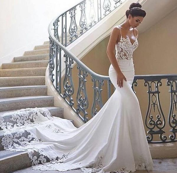 2019 Elegant Sexy Mermaid Wedding Gowns Lace Sleeveless Bridal Dresses Spaghetti Straps Long Train Satin Wedding Dresses Custom Made Cheap
2019 Elegant Sexy Mermaid Wedding Gowns Lace Sleeveless Bridal Dresses Spaghetti Straps Long Train Satin Wedding Dresses Custom Made Cheap
