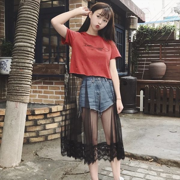 mesh stitching clothing dress 2020ins student short-sleeved t-shirt female mesh stitching clothing dress 2020ins student short-sleeved t-shi, White