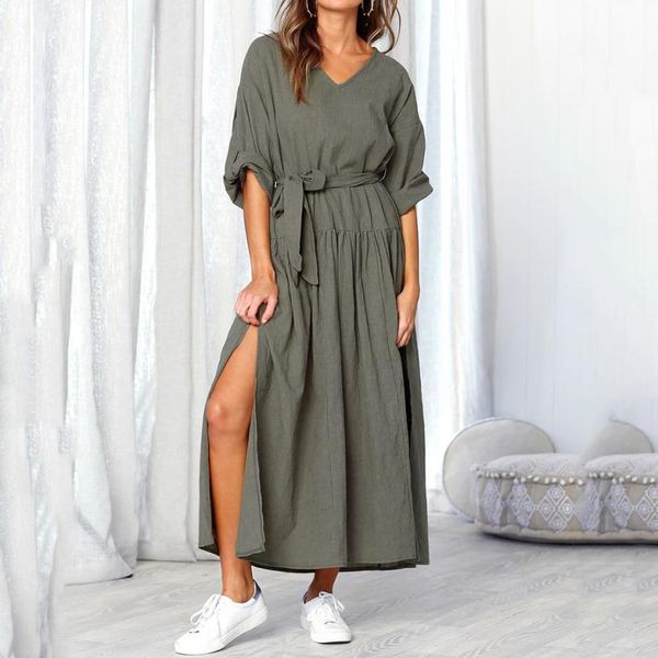 women long sleeve v neck split solid sashes fashion dresses ladies casual loose maxi dress, Black;gray
women long sleeve v neck split solid sashes fashion dresses ladies casual loose maxi dress, Black;gray