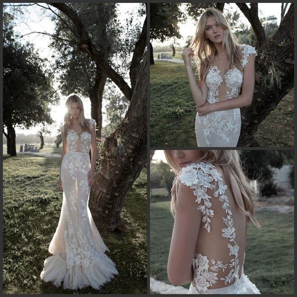 2019 new idan cohen lace wedding dresses mermaid nude tulle trumpet sweep train plunging neckline appliqued backless bridal gowns, White
2019 new idan cohen lace wedding dresses mermaid nude tulle trumpet sweep train plunging neckline appliqued backless bridal gowns, White