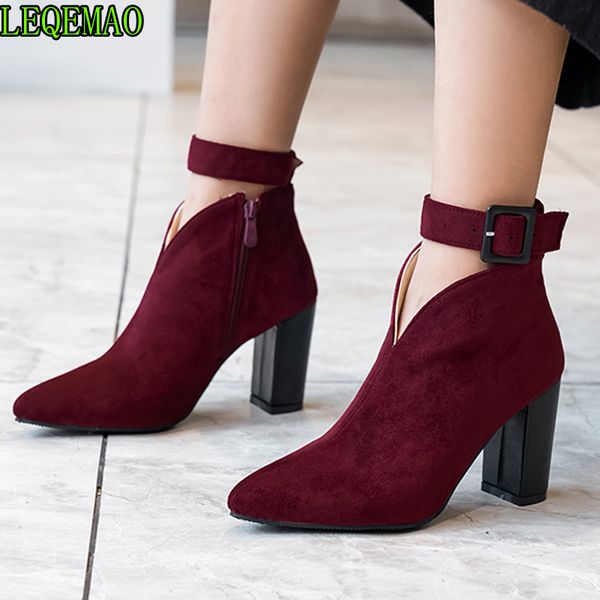 ankle strap high heels women boots pointed toe footwear zip female booties flock shoes woman autumn 2020 plus size 34-43, Black 
ankle strap high heels women boots pointed toe footwear zip female booties flock shoes woman autumn 2020 plus size 34-43, Black