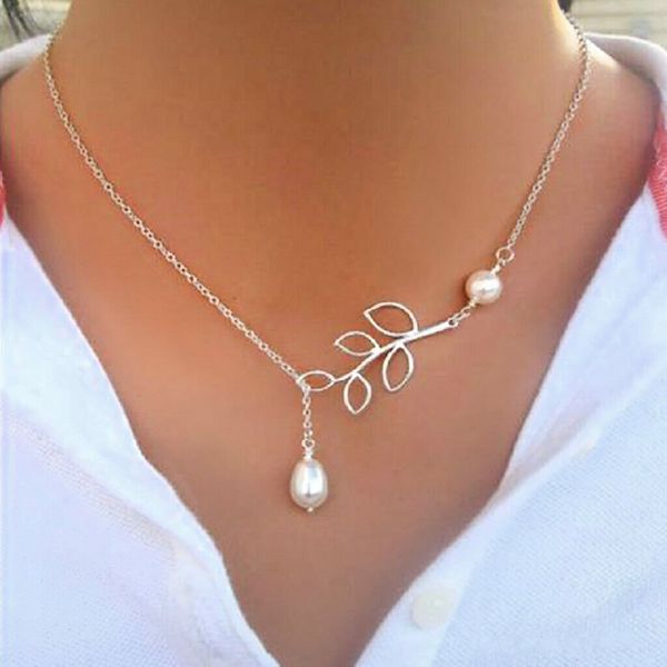 ancient silver olive leaf imitation pearls charm pendant necklace fashion creative designer necklace men women jewelry holiday gift