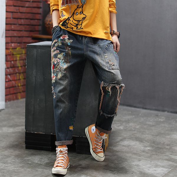 autumn jeans retro women elastic waist loose casual denim pants 2019 new embroidery hole pocket vintage all-match trousers, Blue
autumn jeans retro women elastic waist loose casual denim pants 2019 new embroidery hole pocket vintage all-match trousers, Blue