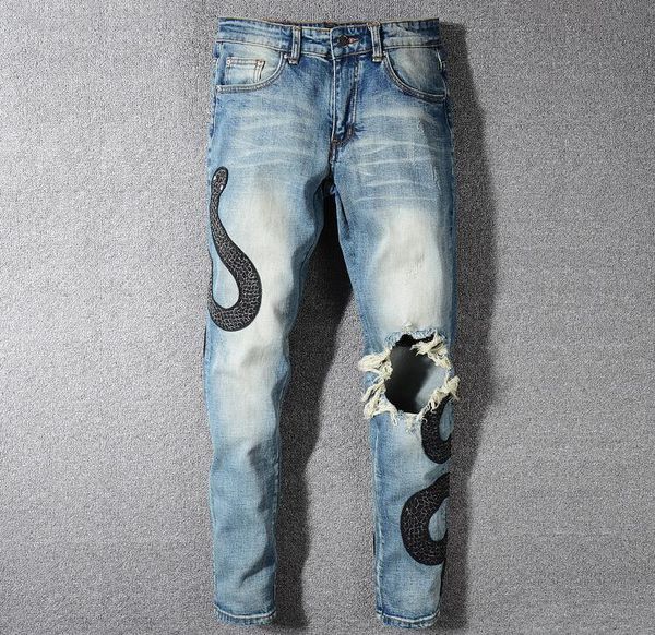 mens badge snake twine blue skinny jeans fashion designer distressed slim fit motorcycle biker hole beggar hip hop denim pants 568
mens badge snake twine blue skinny jeans fashion designer distressed slim fit motorcycle biker hole beggar hip hop denim pants 568