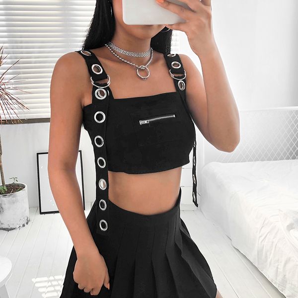 2019 summer hollow out bustier women sleeveless cropped solid tees shirt fashion black strap streetwear, White 
2019 summer hollow out bustier women sleeveless cropped solid tees shirt fashion black strap streetwear, White