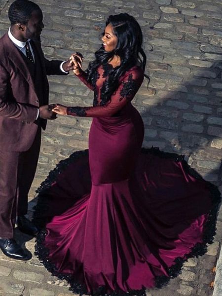 new backless crystal burgundy illusion lace africa evening dress lace mermaid long sleeve elegant formal prom gowns plus size runway fashion, Black
new backless crystal burgundy illusion lace africa evening dress lace mermaid long sleeve elegant formal prom gowns plus size runway fashion, Black