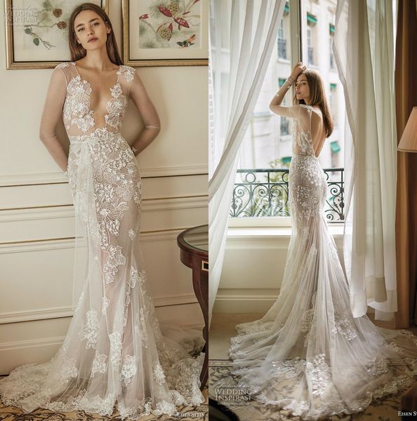 2020 illusion mermaid wedding dresses appliqued lace backless deep v neck boho wedding dress sweep train long sleeve beach bridal gowns, White
2020 illusion mermaid wedding dresses appliqued lace backless deep v neck boho wedding dress sweep train long sleeve beach bridal gowns, White