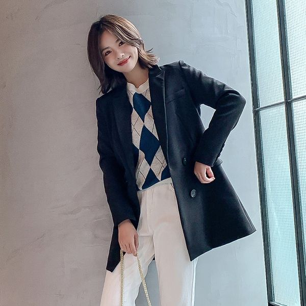 women blazer suit jacket women's autumn new korean version temperament self-cultivation women's long double-breasted baitie coat, White;black 
women blazer suit jacket women's autumn new korean version temperament self-cultivation women's long double-breasted baitie coat, White;black